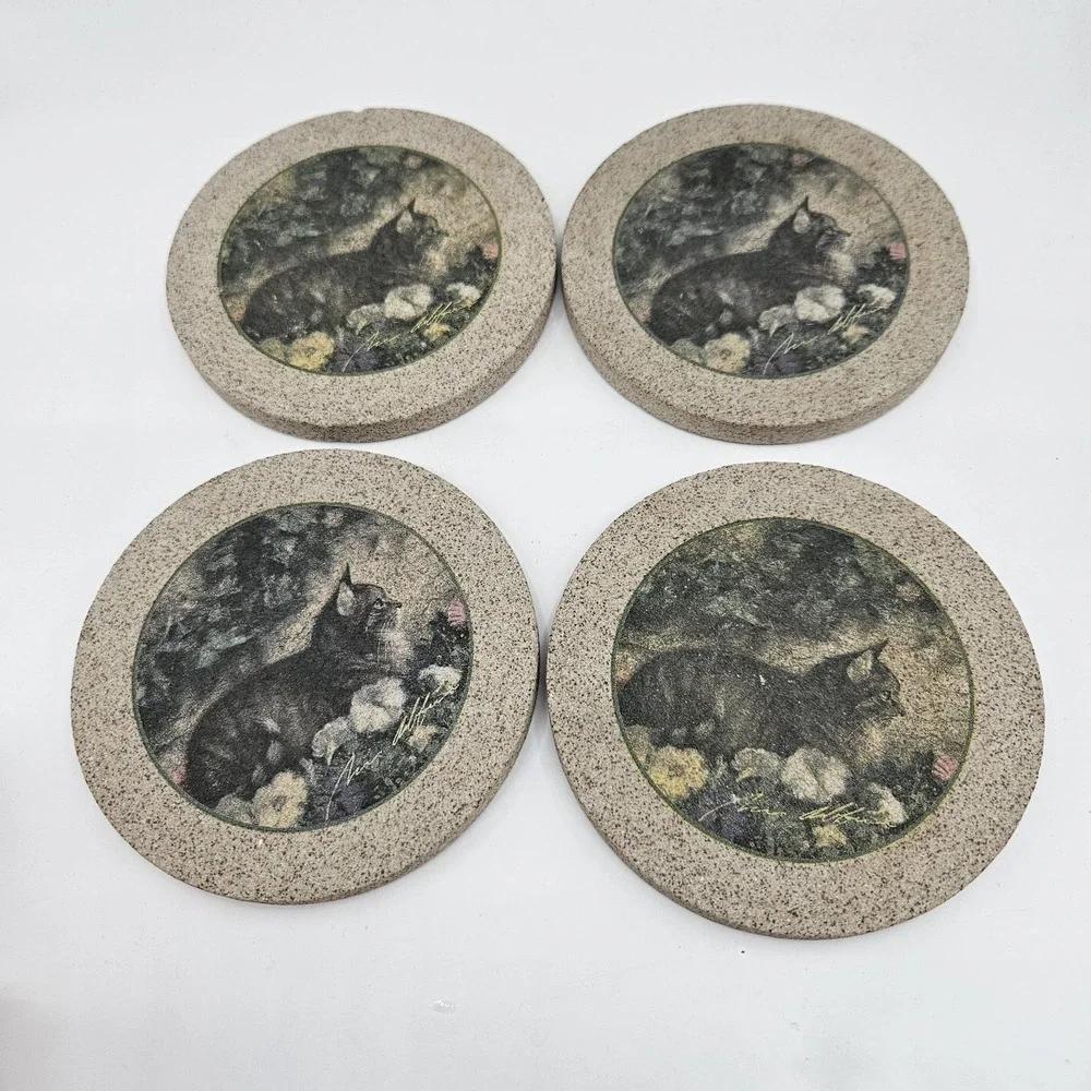 4 Vintage Cat Coasters Natural Sandstone Cork Back *heavy* Grandma Core